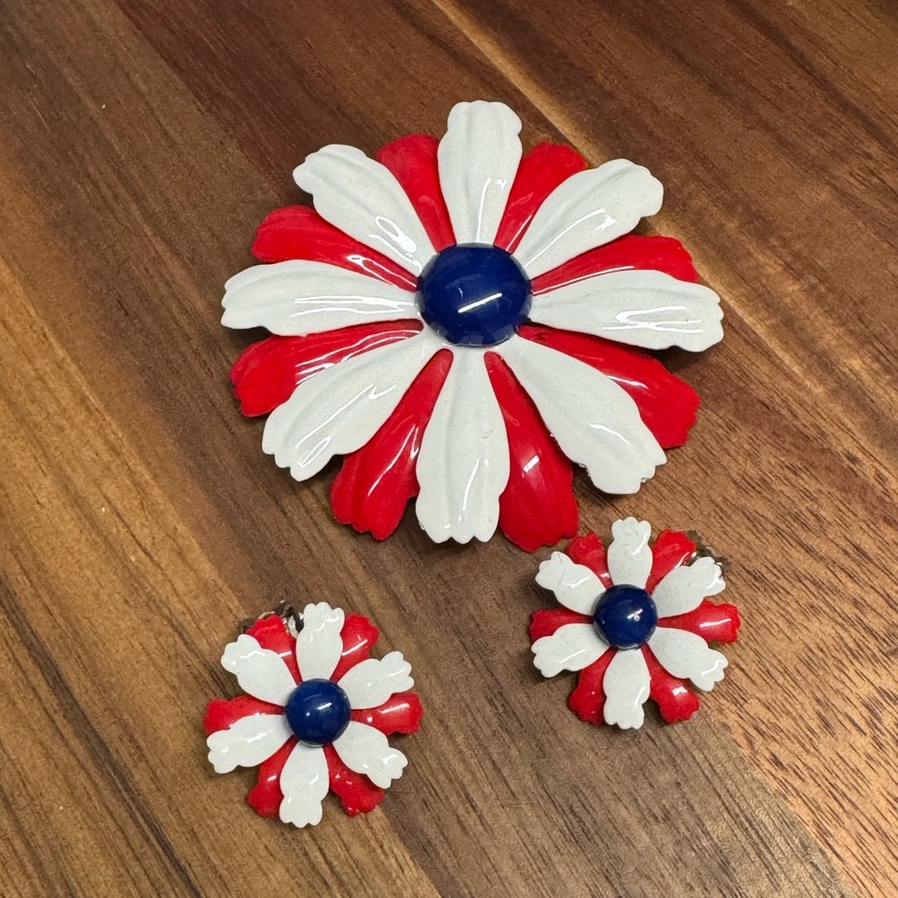 Vintage Red and White Flower Brooch and Earrings Set